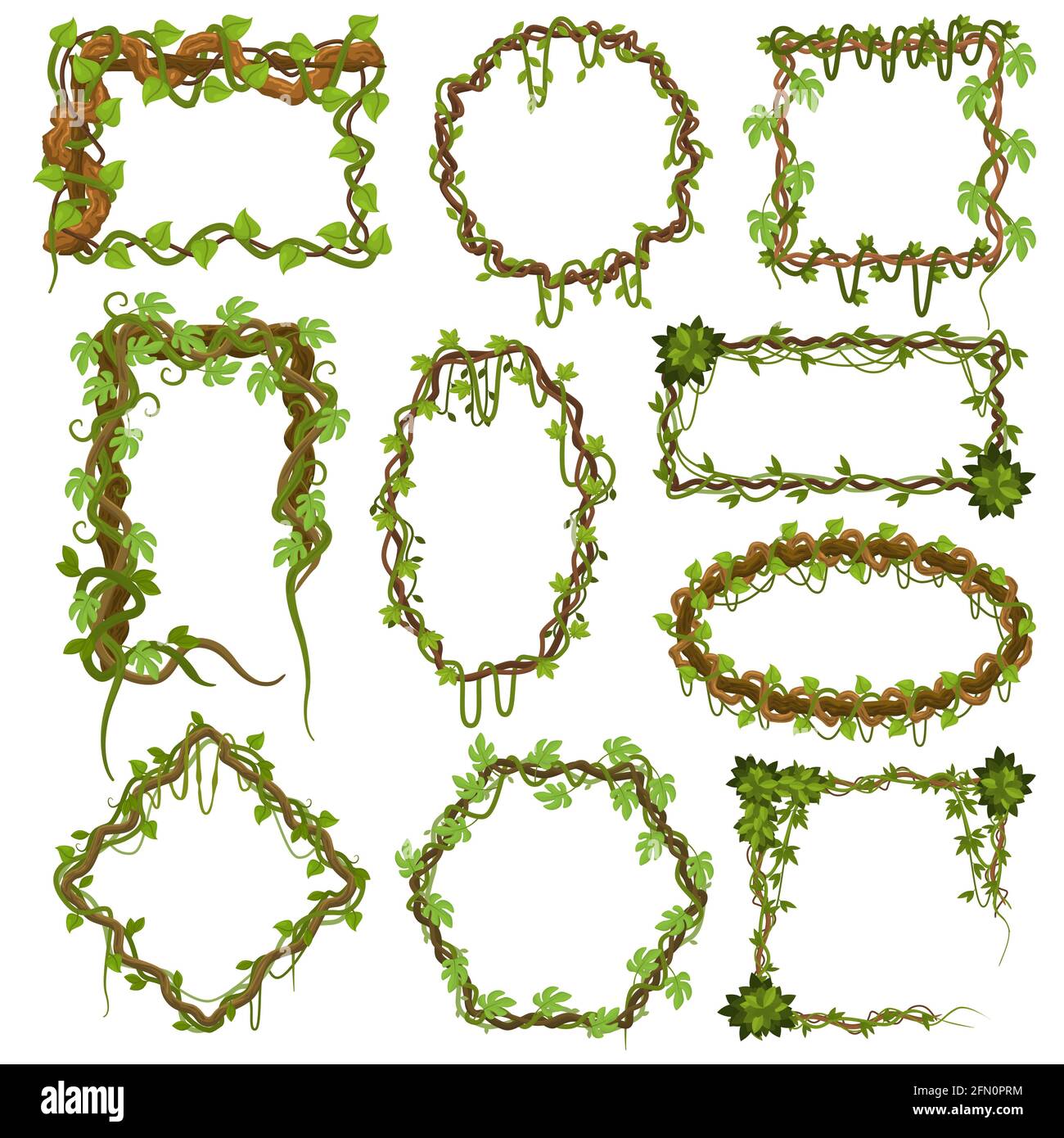 Liana vines frames. Tropical climbing rainforest plants with leaves, jungle liana plants borders vector illustration set. Green tropical hanging liana Stock Vector