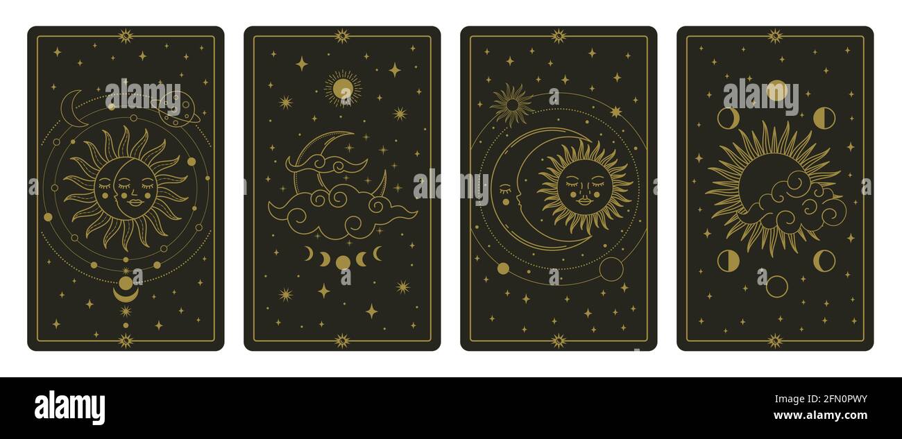 Moon and sun tarot cards. Mystical hand drawn celestial bodies cards, magic tarot card vector illustration set. Magical esoteric tarot cards Stock Vector