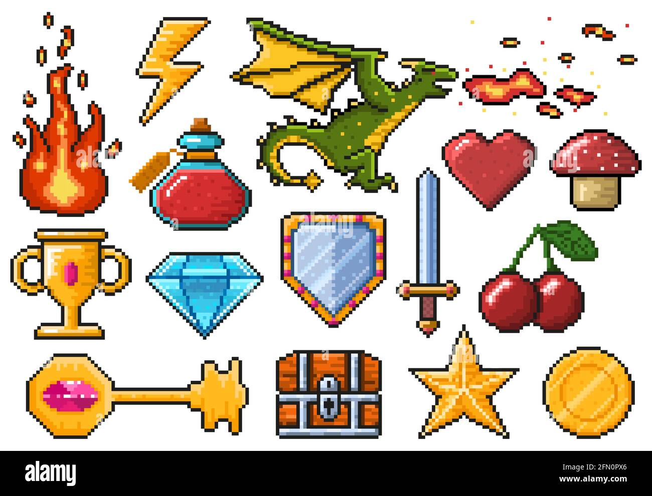 Pixel game elements. Games ui magic items, fire, trophy, coin, dragon and poison vector illustration set. Digital pixelated 8 bit game symbols Stock Vector