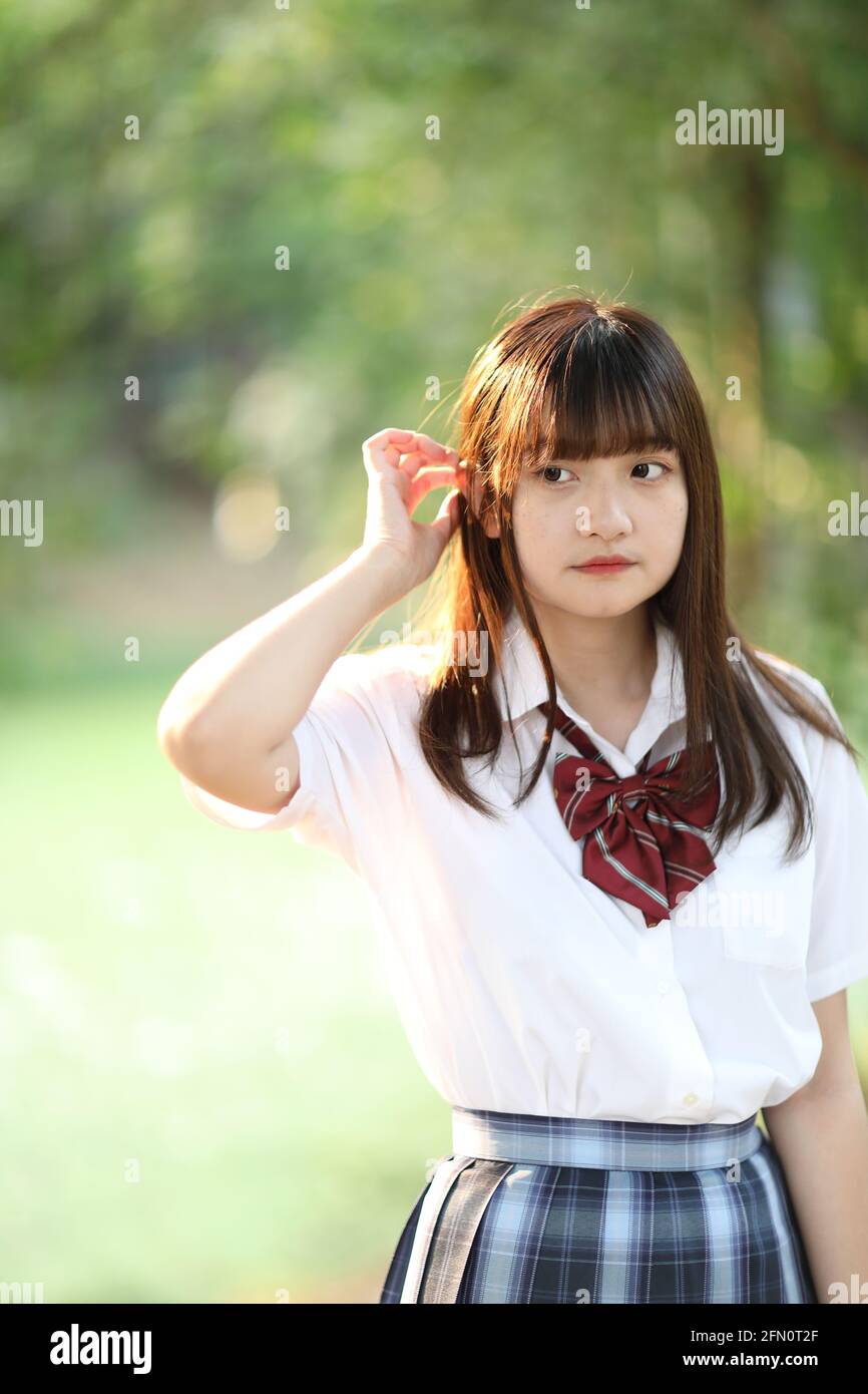 Japanese schoolgirls in their uniforms with cherry blossoms in the  background, Stock Photo, Picture And Rights Managed Image. Pic.  AFL-JJIE008540