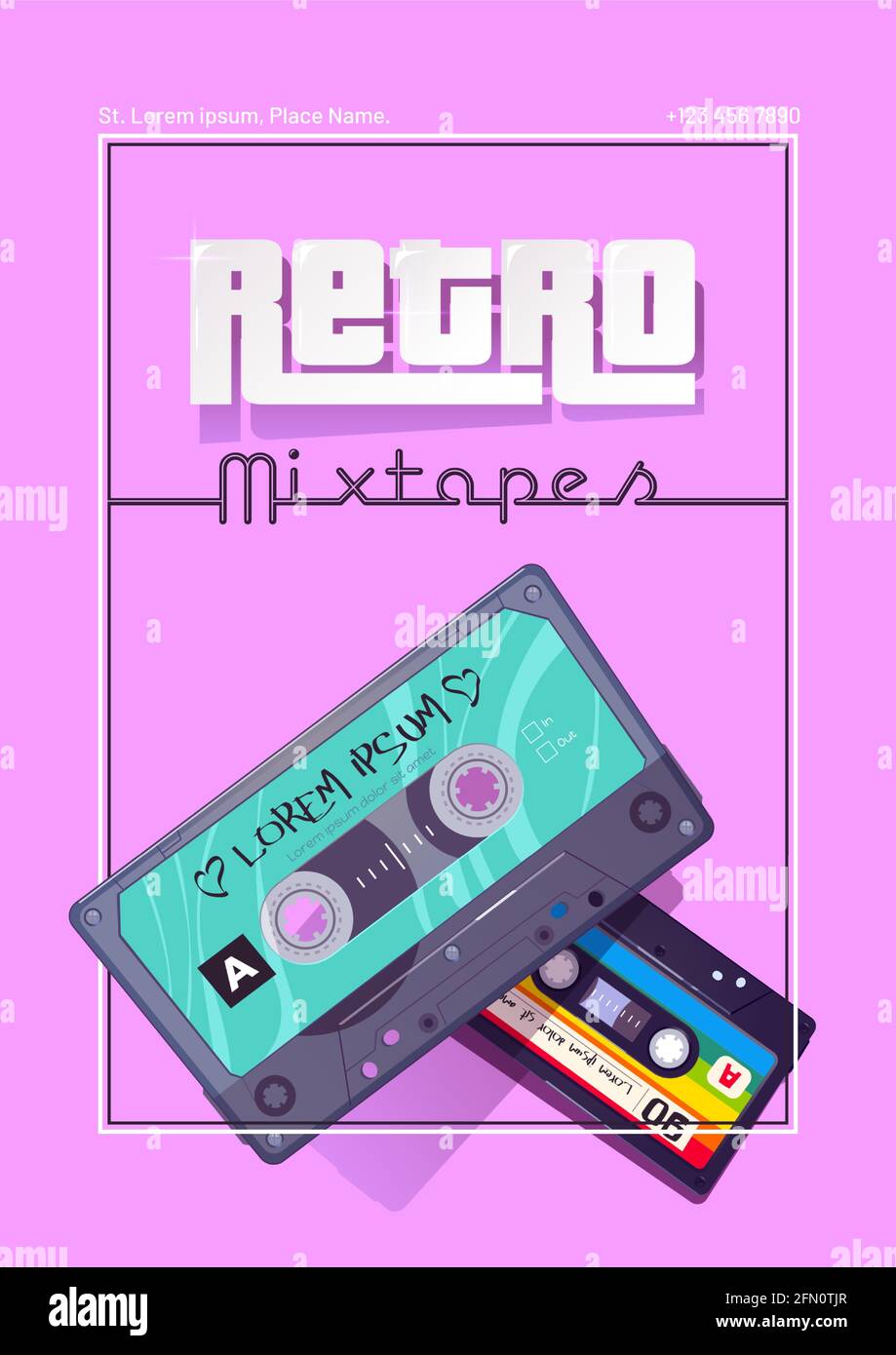 Retro mixtapes cartoon poster with audio cassettes, mix tapes, media storage for music and sound on pink background. Vintage style analog hipster devices of eighties ages culture, Vector illustration Stock Vector