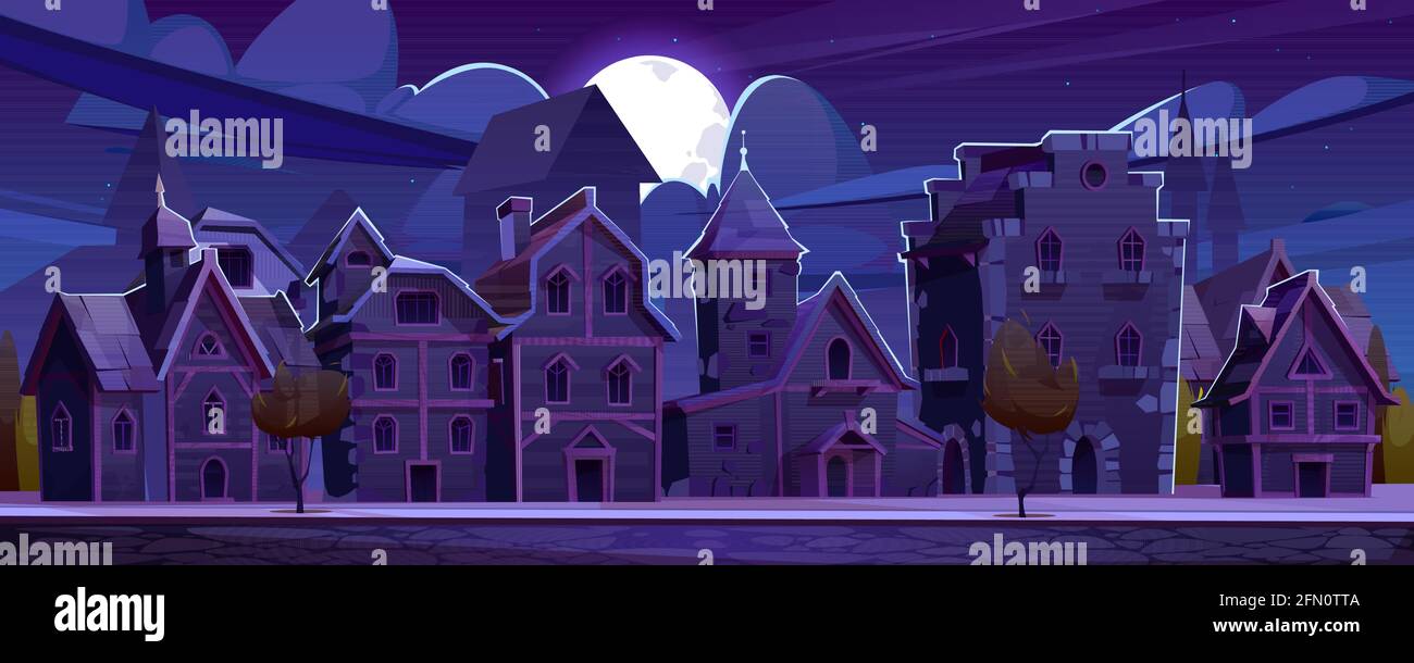 Medieval german street with half-timbered houses at night. Traditional european buildings in old town in moonlight. Vector cartoon landscape with fachwerk cottages, moon and stars on dark sky Stock Vector