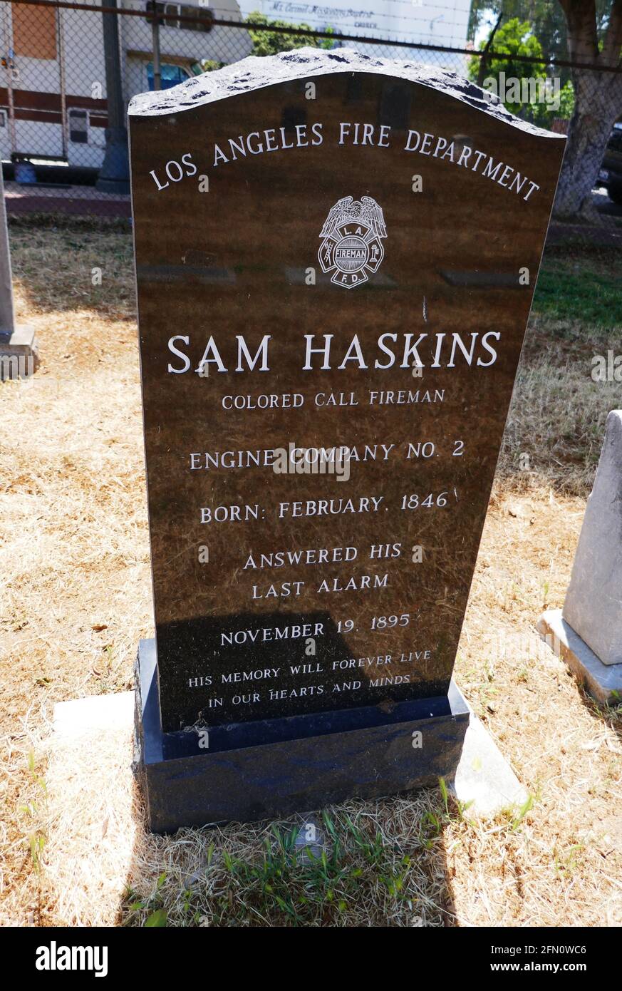 Los Angeles, California, USA 5th May 2021 A general view of atmosphere of Firefighter Sam Haskins Grave at Evergreen Cemetery at 204 Evergreen Avenue on May 5, 2021 in Los Angeles, California, USA. Photo by Barry King/Alamy Stock Photo Stock Photo