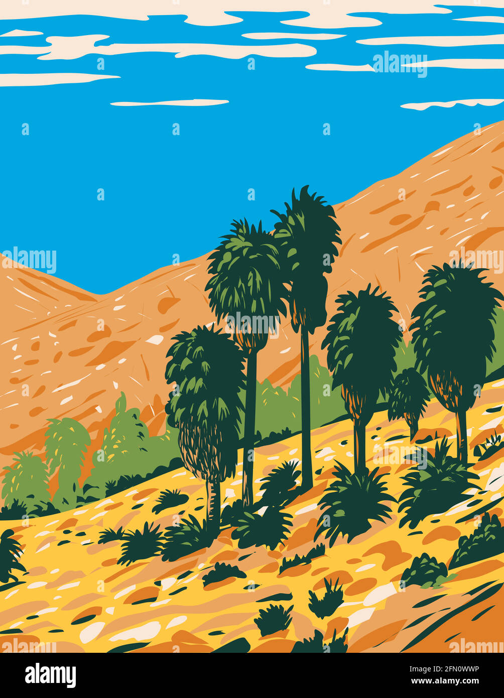 WPA Poster Art of Fortynine Palms Oasis an out and back trail in a rocky canyon located in Joshua Tree National Park California done in works project Stock Vector