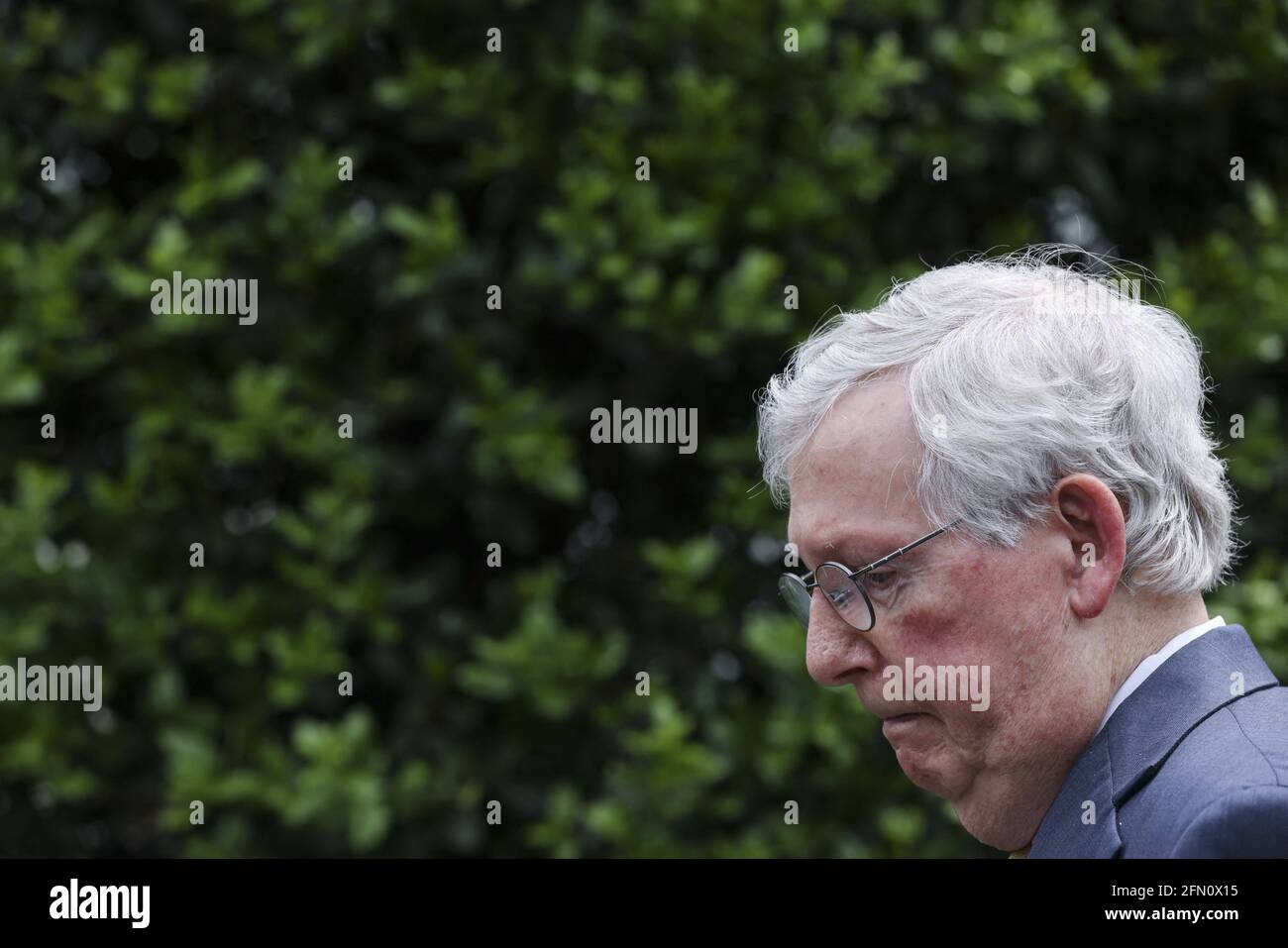 Senate Minority Leader Mitch McConnell of Ky., listens as House Minority Leader Kevin McCarthy of Calif., (not shown) speaks outside the White House after a meeting with President Joe Biden at the White House on May 12, 2021 in Washington, DC, USA. Photo by Oliver Contreras/Pool/ABACAPRESS.COM Stock Photo