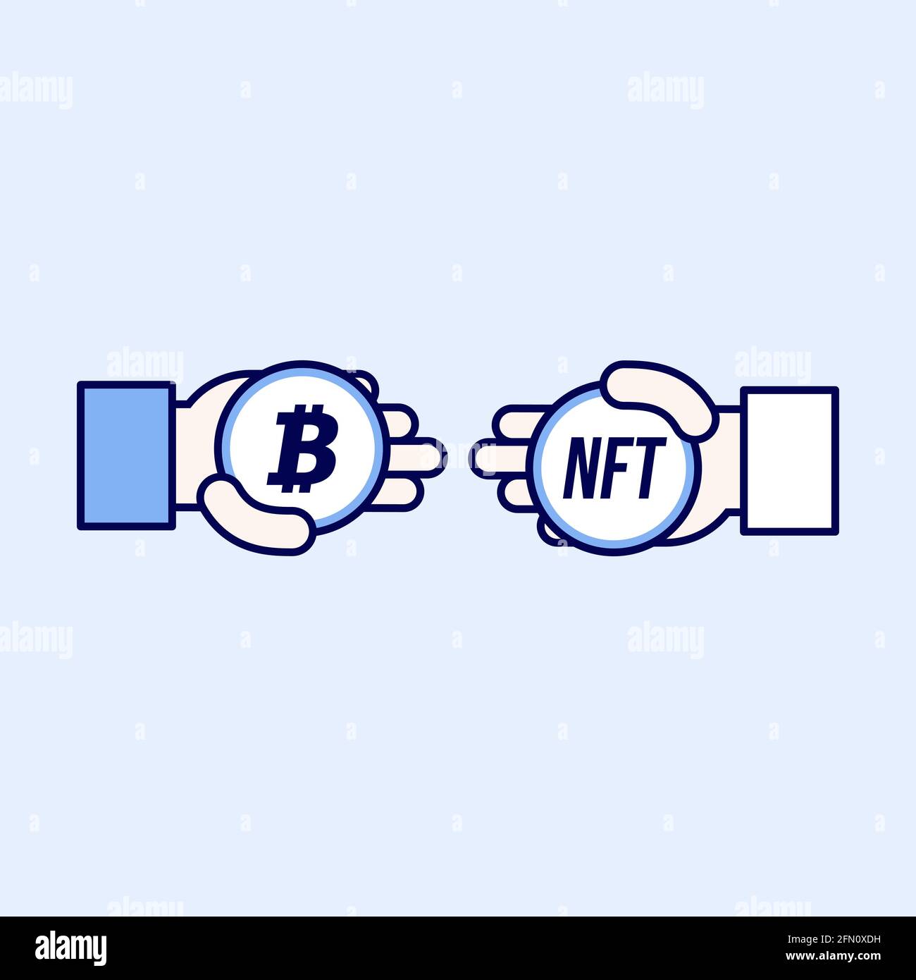 Hand give non fungible token, other businessman holds one bitcoin. Exchange  of cryptocurrency to NFT icon Stock Vector Image & Art - Alamy