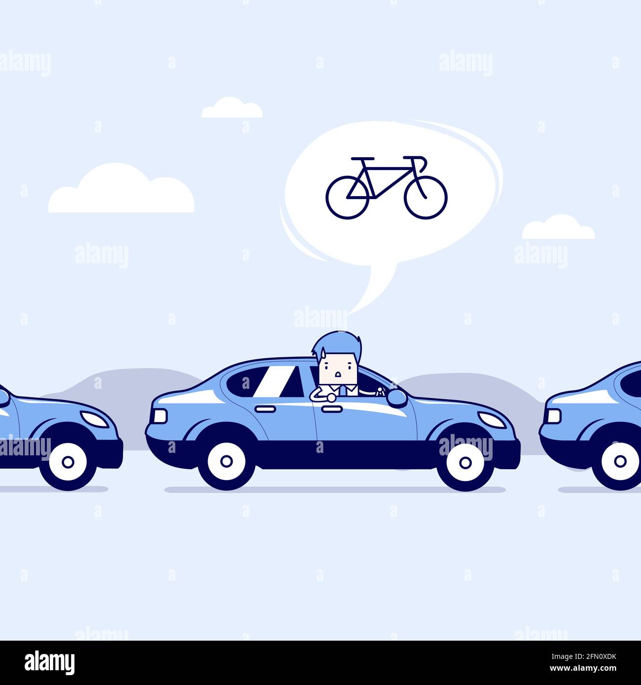 Businessman on the road with traffic jam, Thought to work by bike better. Cartoon character thin line style vector. Stock Vector