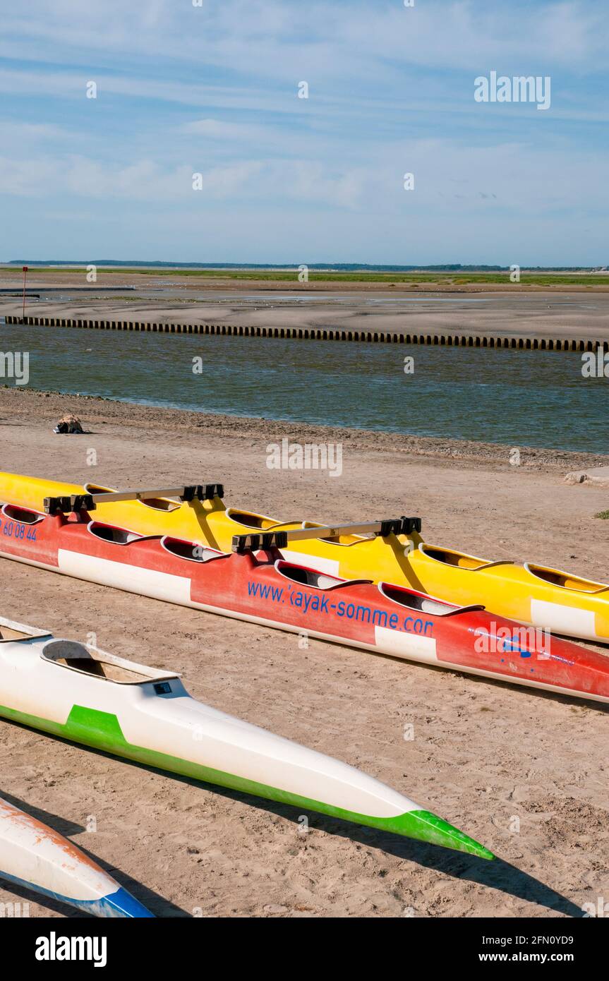 Kayaks and the estuary of the river Somme at low tide, Saint-Valery-sur-Somme, Bay of Somme, Somme (80), Hauts-de-France region, France Stock Photo