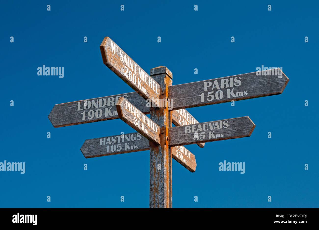 Directional sign showing distance to European cities, Le Treport, Seine-Maritime (76), Normandy, france Stock Photo