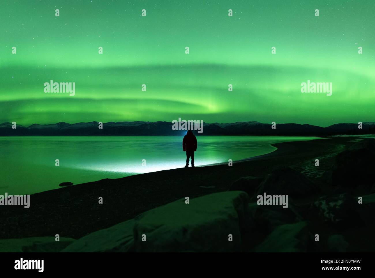 Auroras over Destruction Bay in the Yukon Territories of Canada! Stock