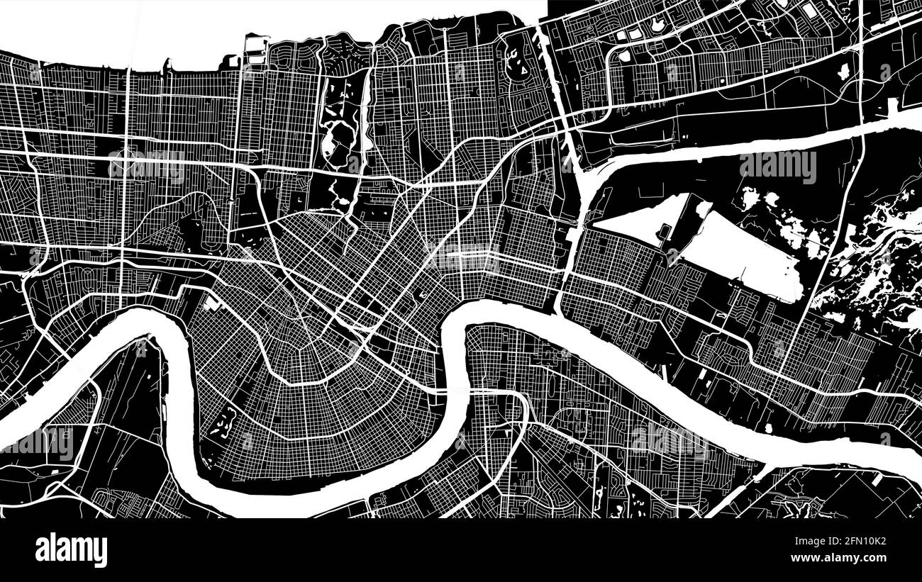 Black and white New Orleans city area vector background map, streets and water cartography illustration. Widescreen proportion, digital flat design st Stock Vector