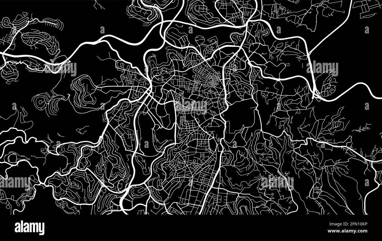 Black and white Jerusalem city area vector background map, streets and water cartography illustration. Widescreen proportion, digital flat design stre Stock Vector