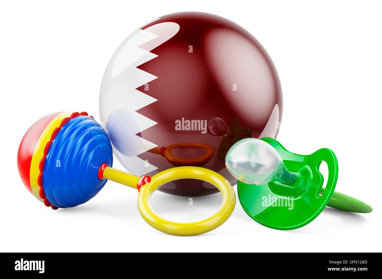 Birth rate and parenting in Qatar concept. Baby pacifier and baby rattle with Qatari flag, 3D