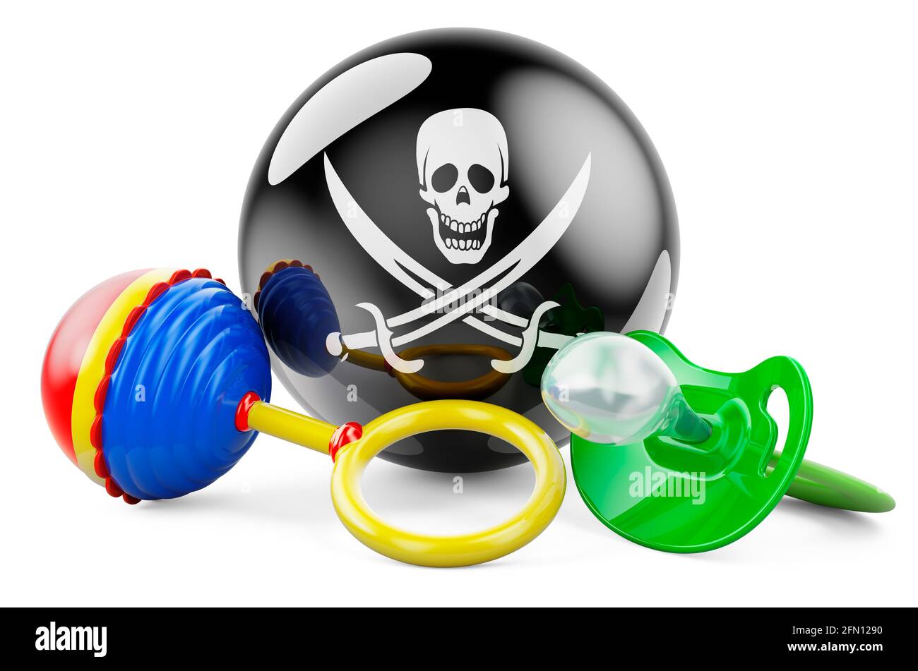 Piracy flag with pacifier and baby rattle. 3D rendering isolated on ...