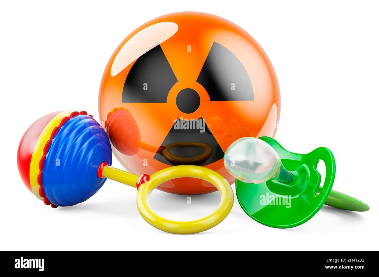 Radiation sign with pacifier and baby rattle. 3D rendering isolated on ...