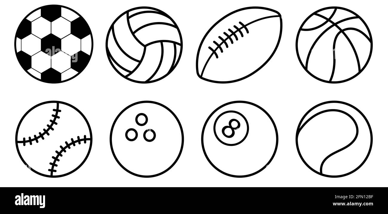 Collection Of Black And White Sports Balls Flat style. Football, soccer