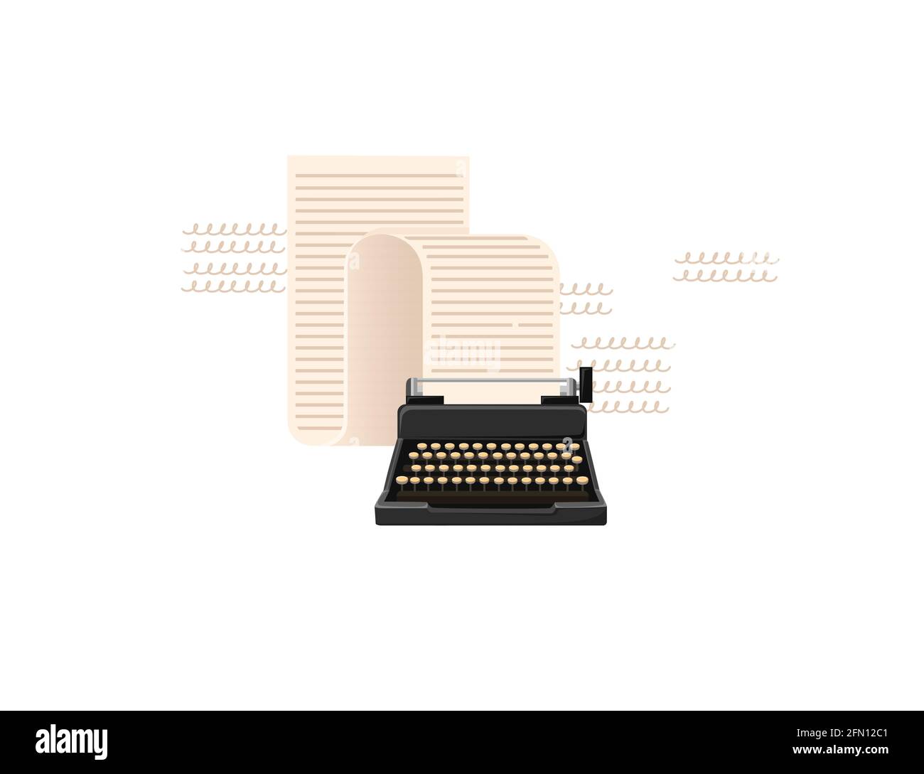 Retro style black color typewriter machine with long paper scroll vector illustration on white background Stock Vector