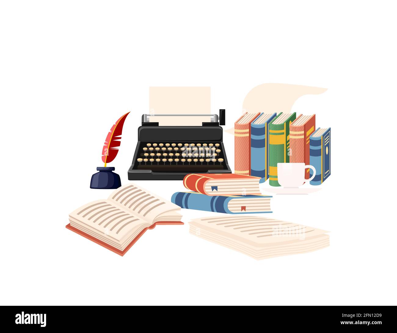 Writer's workplace with books feather and retro typewriter vector illustration on white background Stock Vector