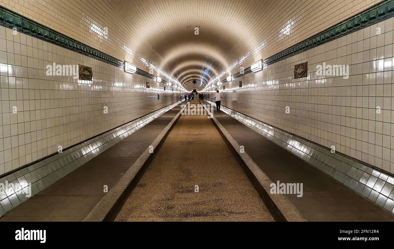 The St. Pauli Elbe Tunnel s a pedestrian and vehicle tunnel .Connect central Hamburg with the docks and shipyards on the south side of the Stock Photo