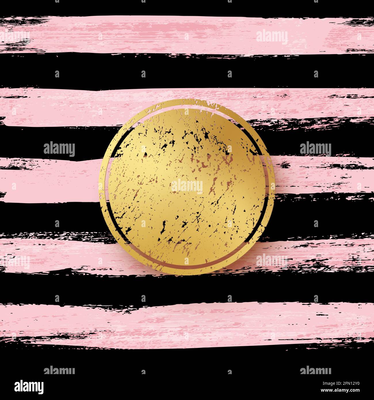 Golden foil with frame on black and pink brush background. Gold texture in round shape on smudged striped wallpaper in brushstrokes vector illustratio Stock Vector