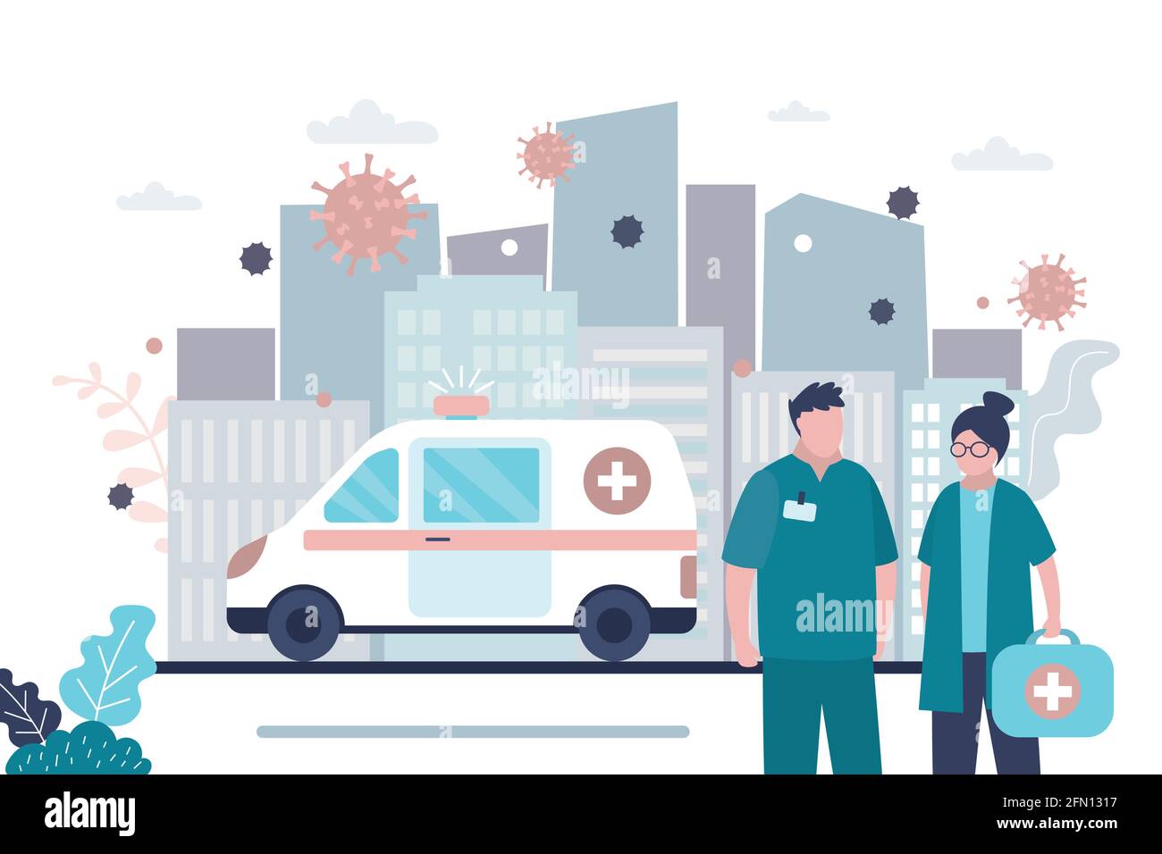 Medical workers in uniform. Ambulance van on city road. Doctors stop spread of virus and disease. Health care concept. Global epidemic or pandemic, ur Stock Vector