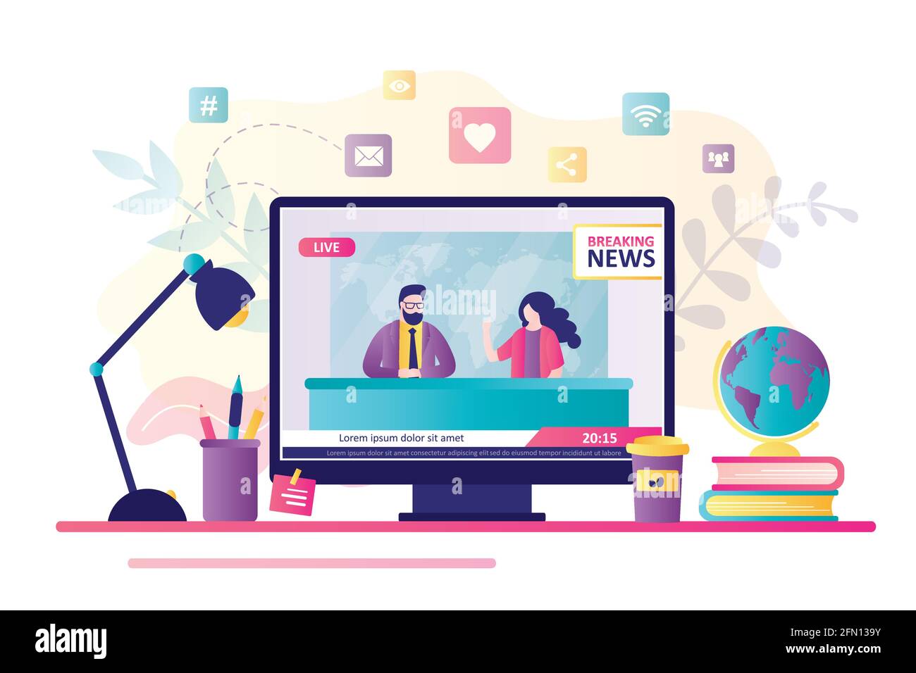 Workplace with monitor, breaking news live on display. TV presenters sit in studio. Caucasian journalists in internet. Female and male newscasters tel Stock Vector