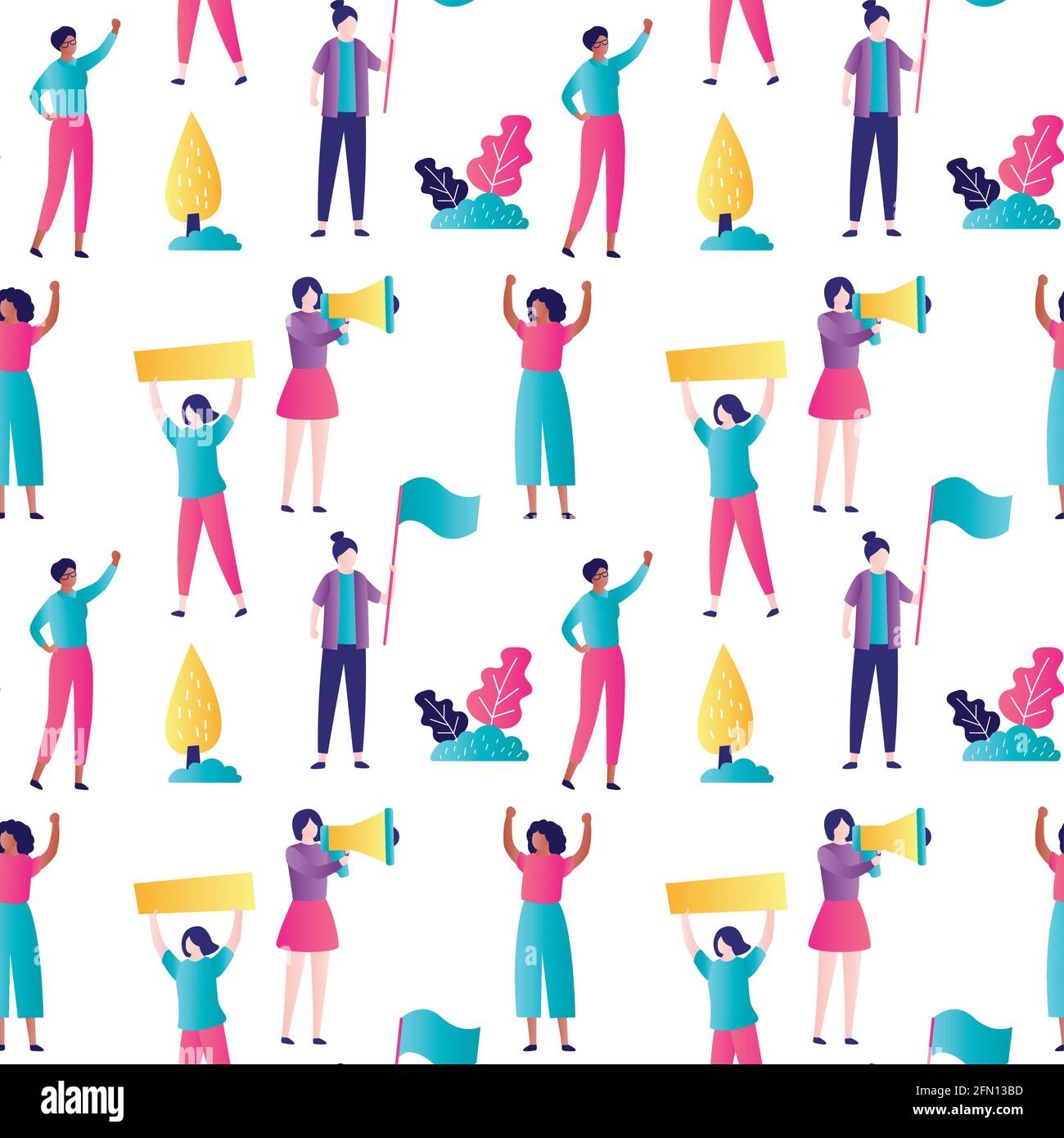 Diverse multinational womens with placards on protest or rally. Girl Power seamless pattern. Feminine and feminism, woman empowerment ideas. Internati Stock Vector