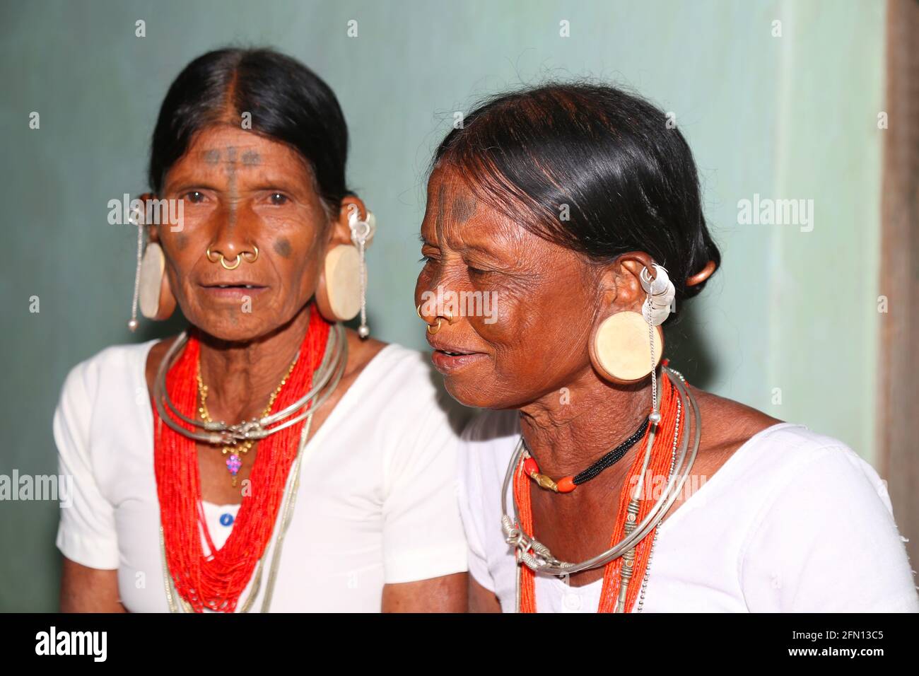 Tribal women with round wooden plugs in huge ear lobes. Characteristic tattoo mark down the middle of the forehead. LANJIA SAORA TRIBE. Puttasingh Vil Stock Photo