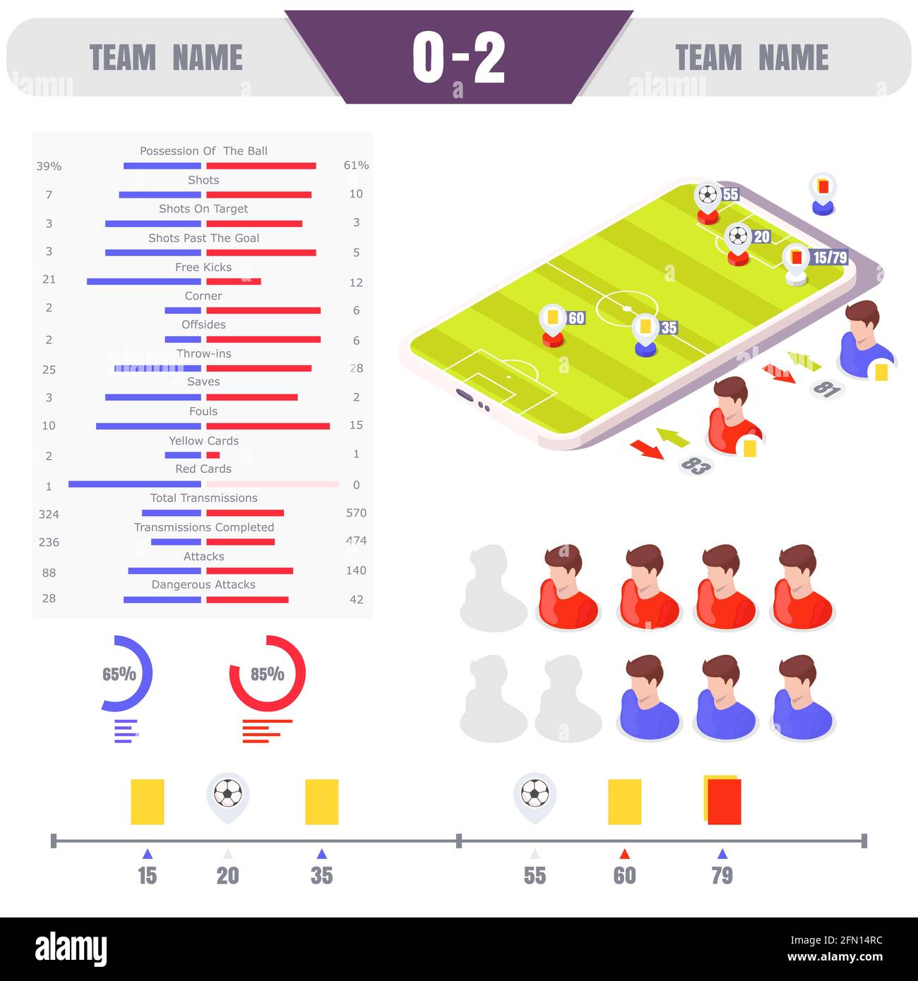 Football match online statistics, vector isometric illustration