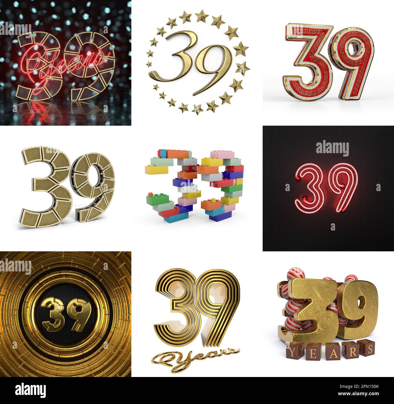 Set of thirty-nine year birthday. Number 39 graphic design element. Anniversary number template elements for your birthday party. 3D illustration Stock Photo