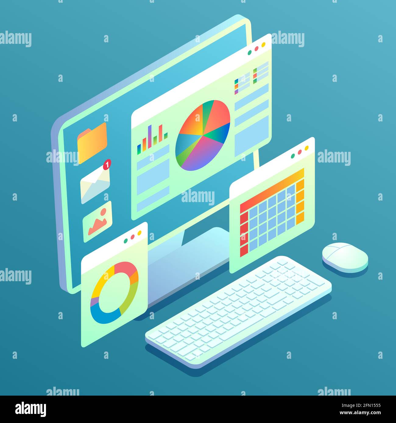 Web analytics concept. Desktop computer with charts, graphs on screen. Data analysis, vector isometric illustration. Stock Vector