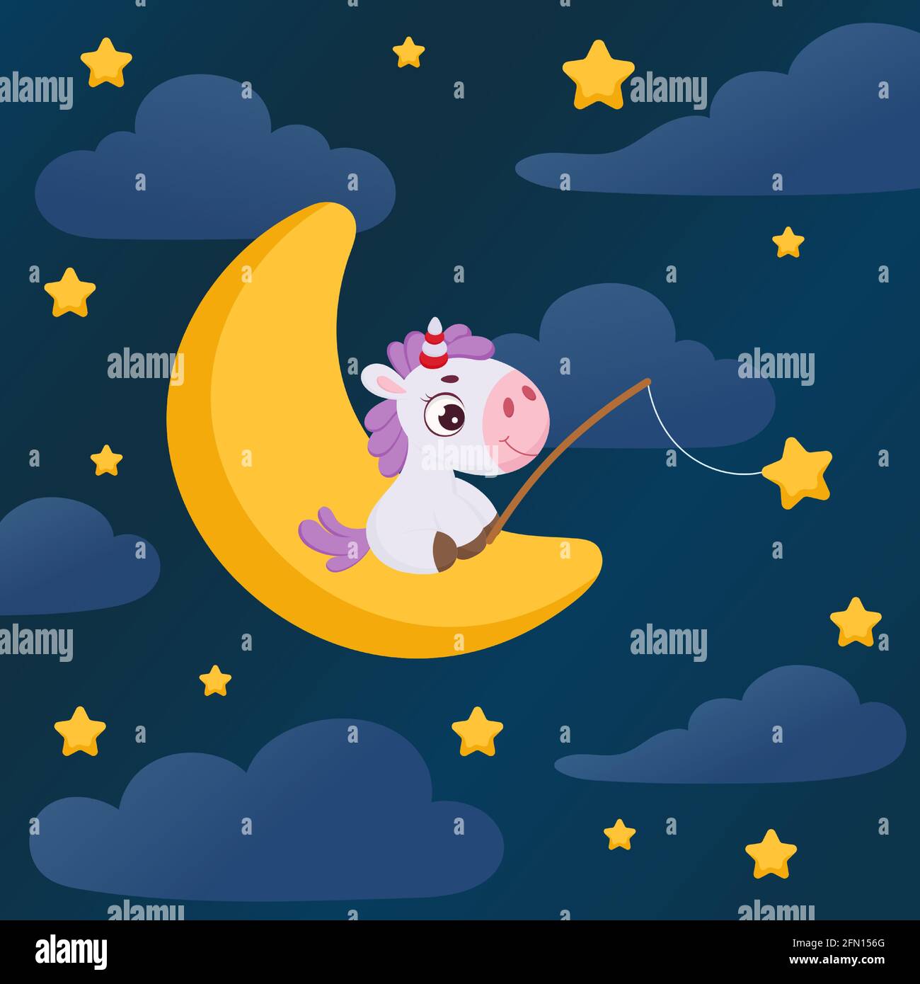 Cute little unicorn sitting on moon with fishing rod catches stars. Cartoon  character for kids room decoration, nursery art, birthday party, baby show  Stock Vector Image & Art - Alamy