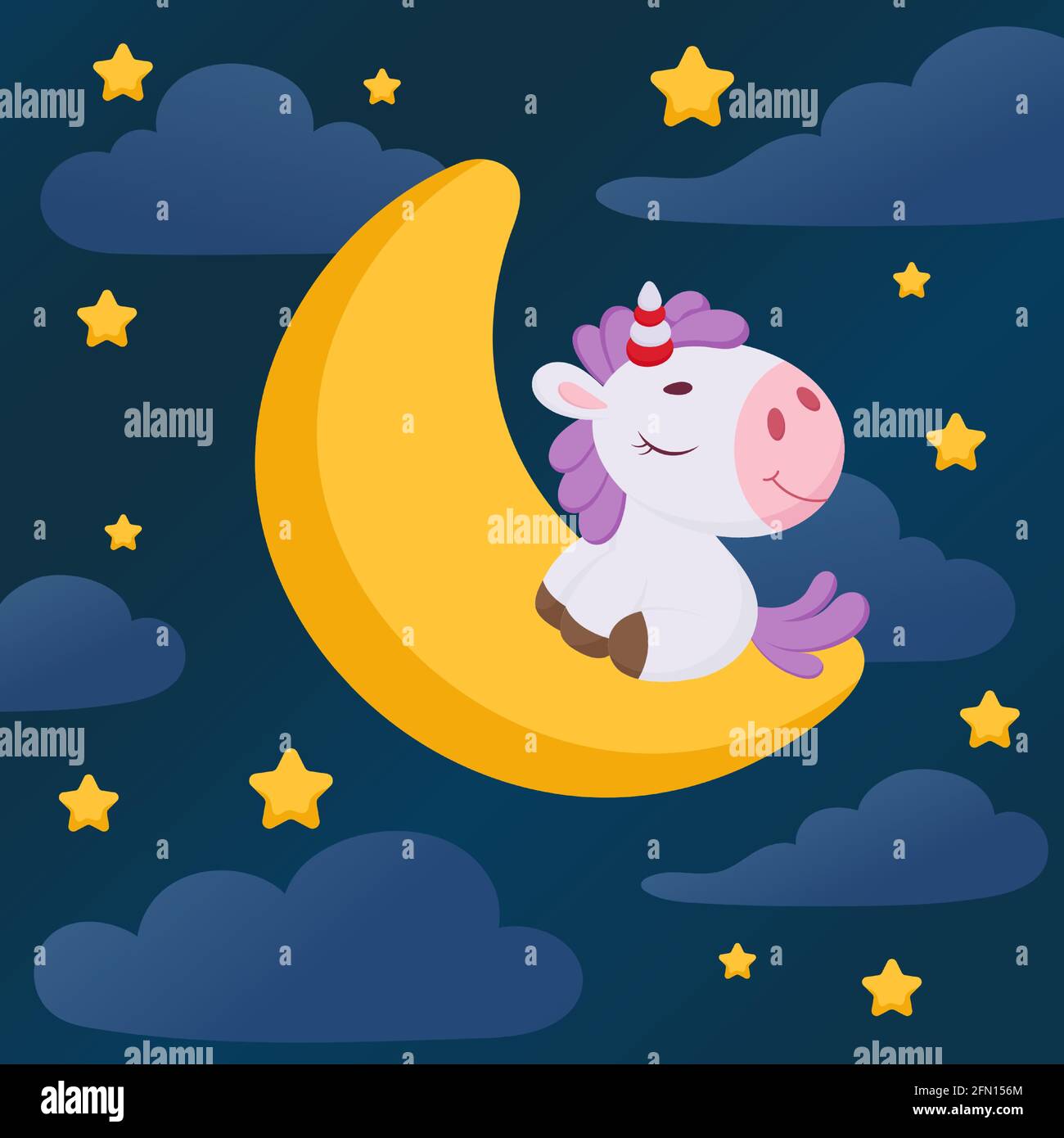 Cute magical unicorn sleeping on moon in night sky. Cartoon character ...