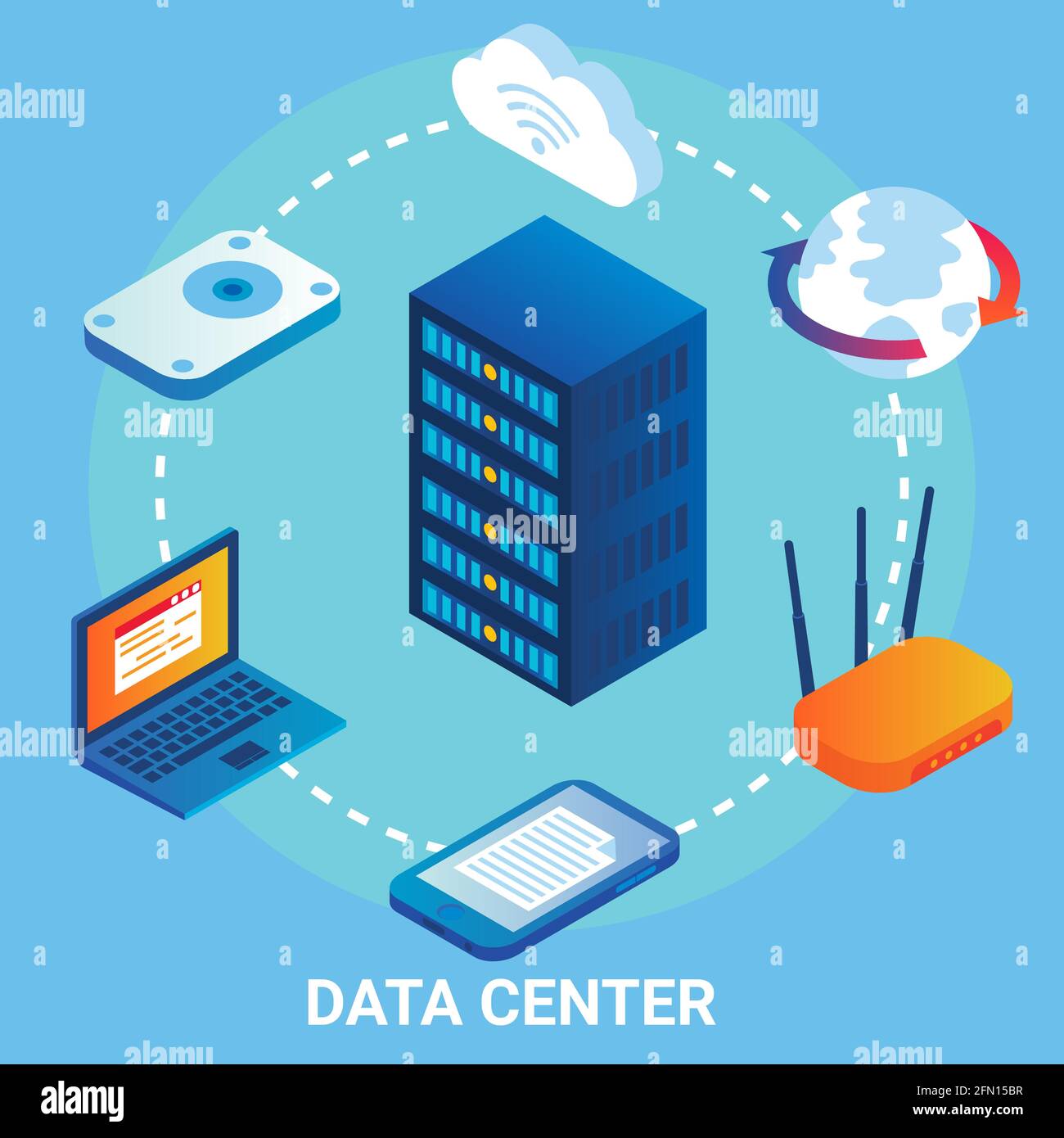 Data center flowchart, vector illustration. Isometric laptop, mobile, server racks, wifi. Cloud storage, data transfer. Stock Vector