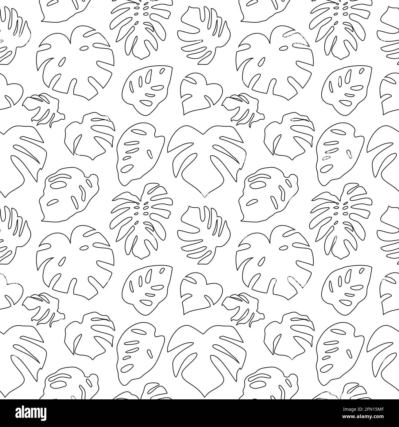 Black and white seamless pattern with tropical leaves on white background.  Monstera leaves line art silhouette Stock Vector Image & Art - Alamy