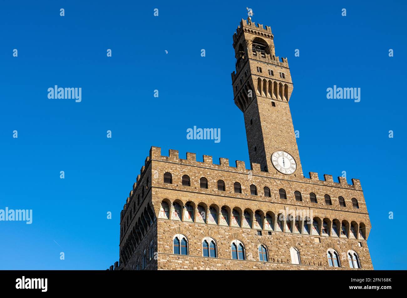 Florence, Italy, upward view of Palazzo Vecchio with the Arnolfo tower Stock Photo