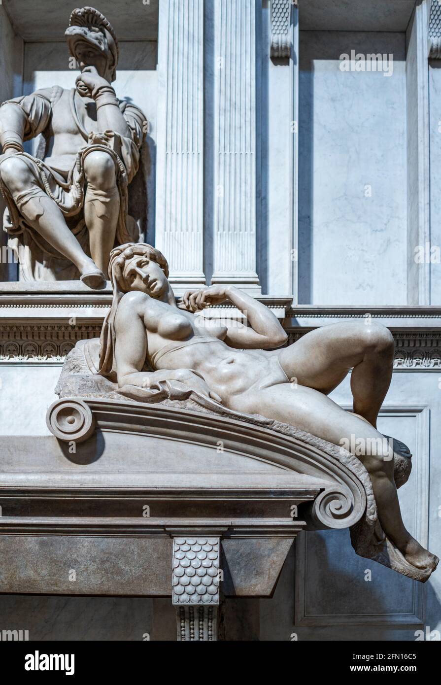 Florence, Italy, Medici chapels, the tomb of the Duke of Urbino, by Michelangelo, detail of the reclined statue represemting the Dusk Stock Photo