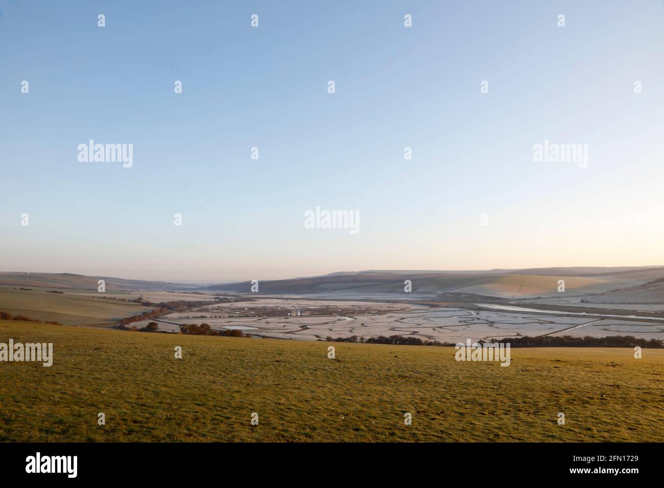 Frost hollow in the Cuckmere Valley, Sussex, England, UK Stock Photo