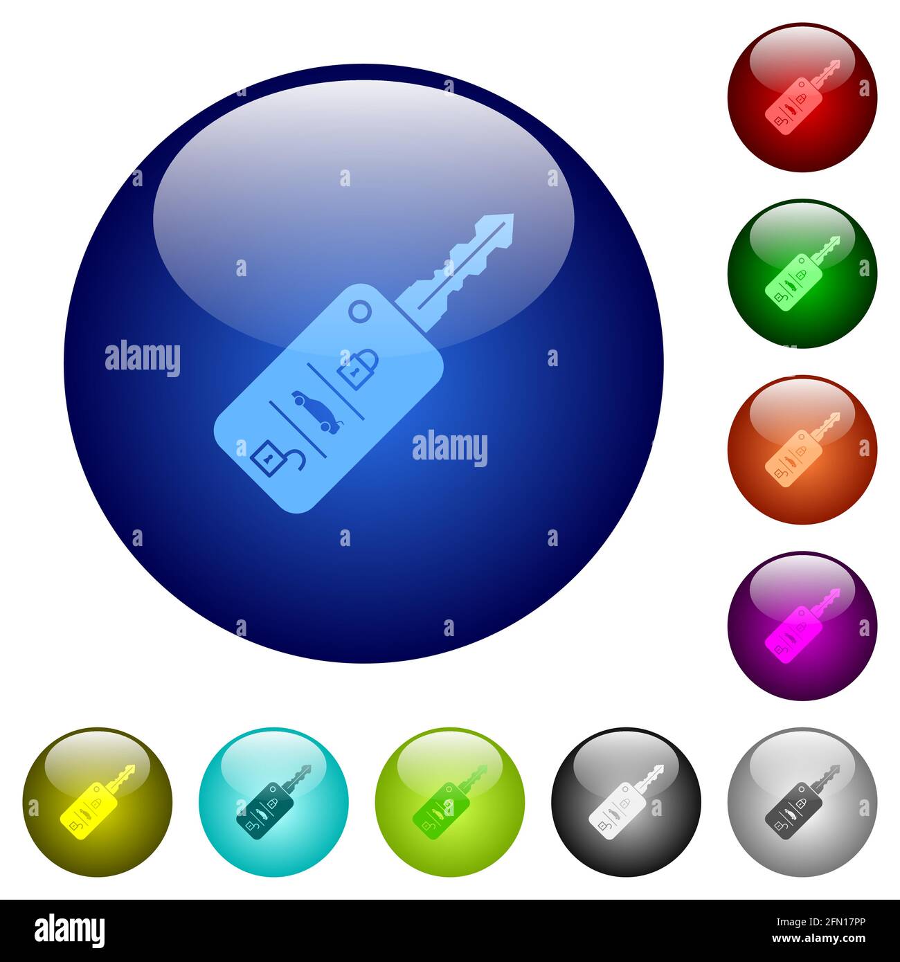 Car key with remote control icons on round glass buttons in multiple ...