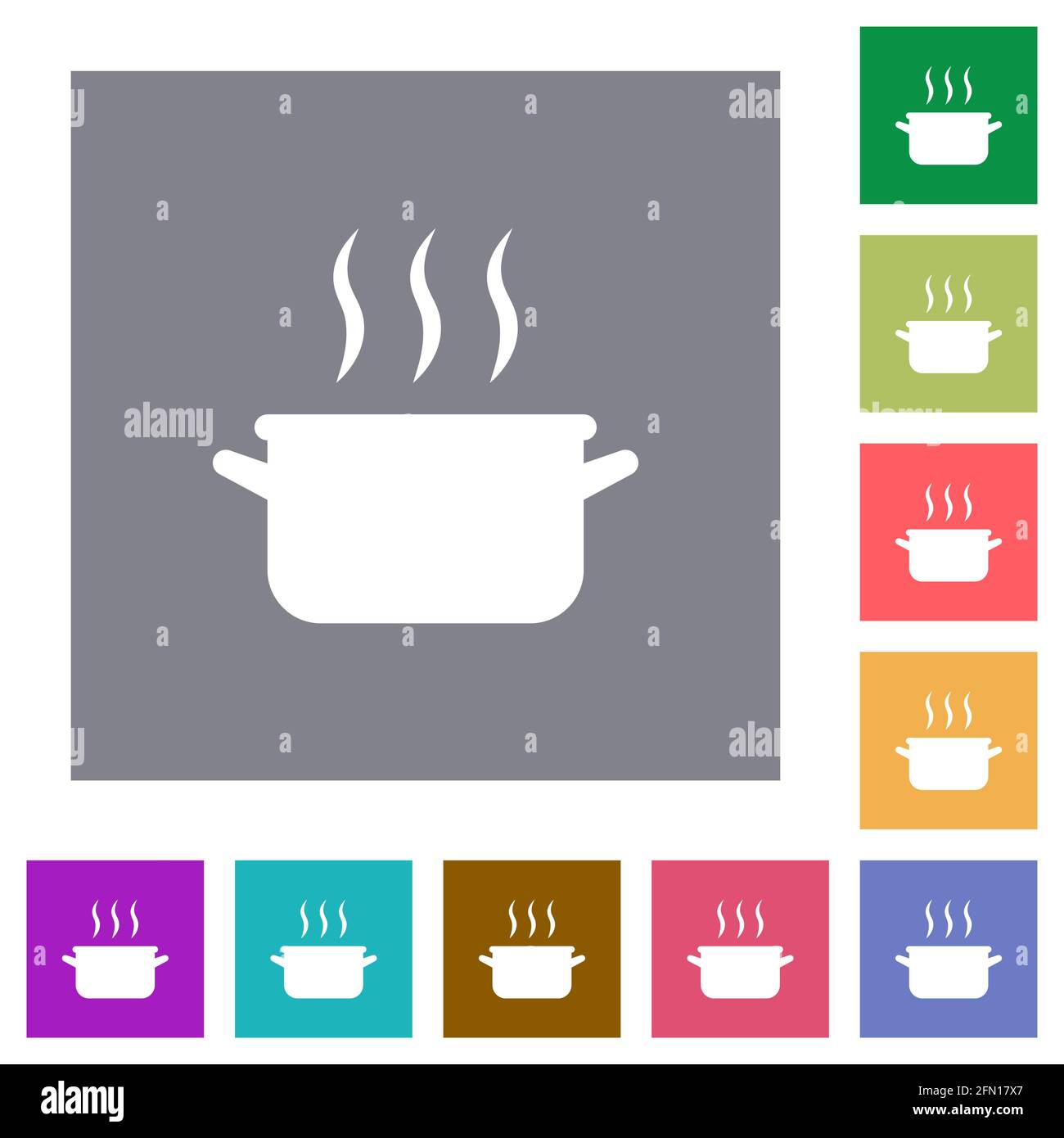 Steaming pot flat icons on simple color square backgrounds Stock Vector