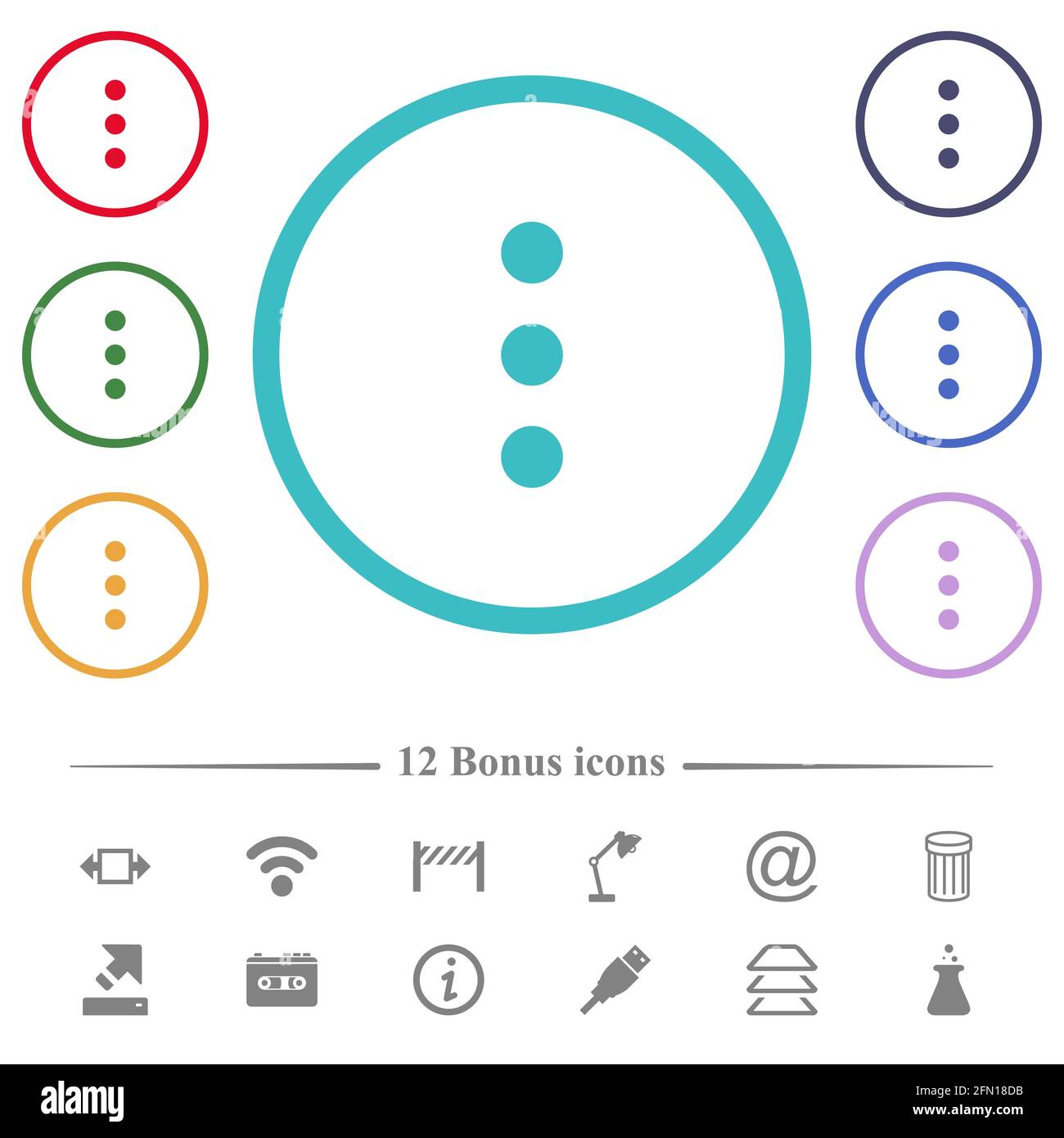 More options flat color icons in circle shape outlines. 12 bonus icons ...
