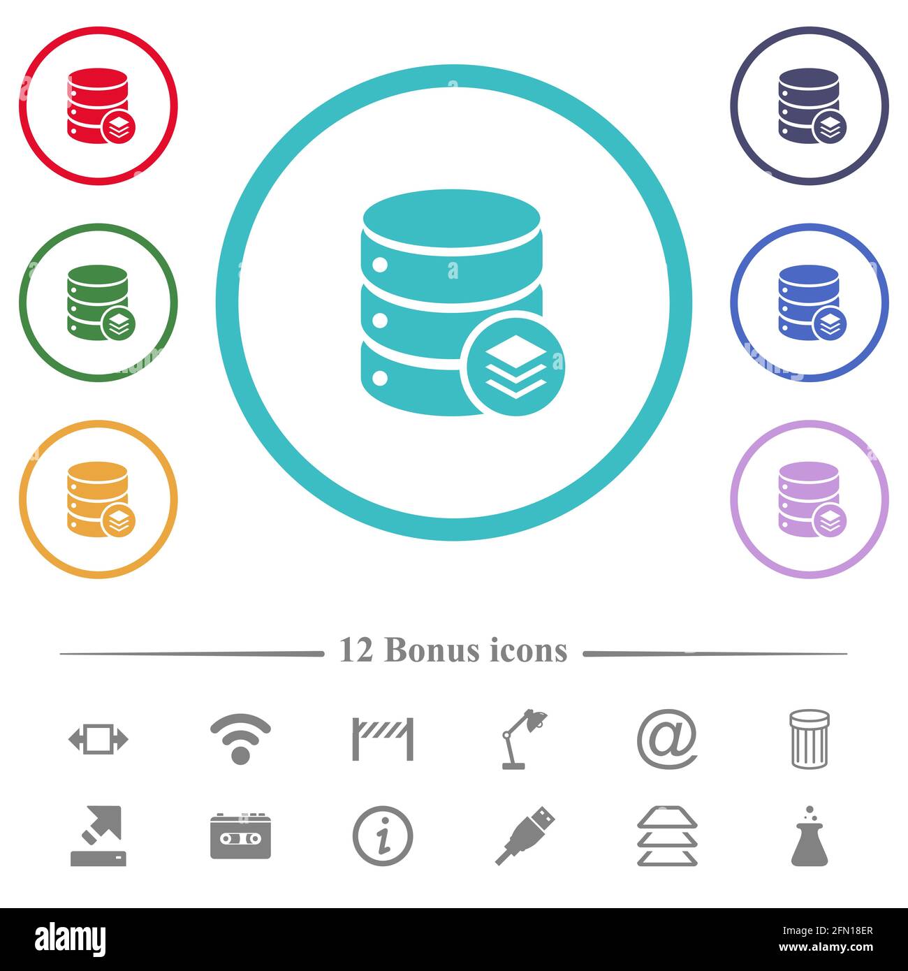 Database layers flat color icons in circle shape outlines. 12 bonus