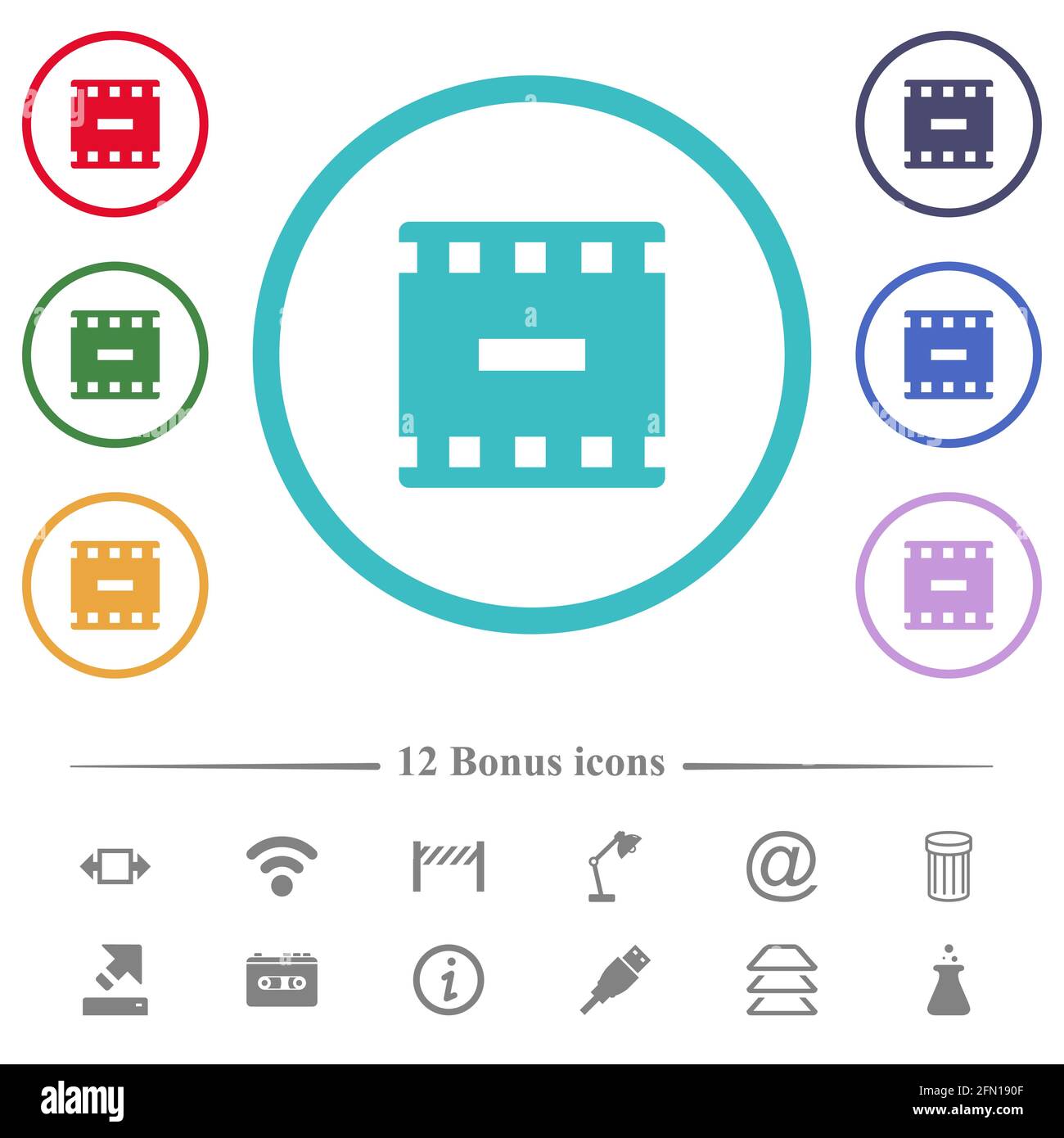 Remove movie flat color icons in circle shape outlines. 12 bonus icons ...