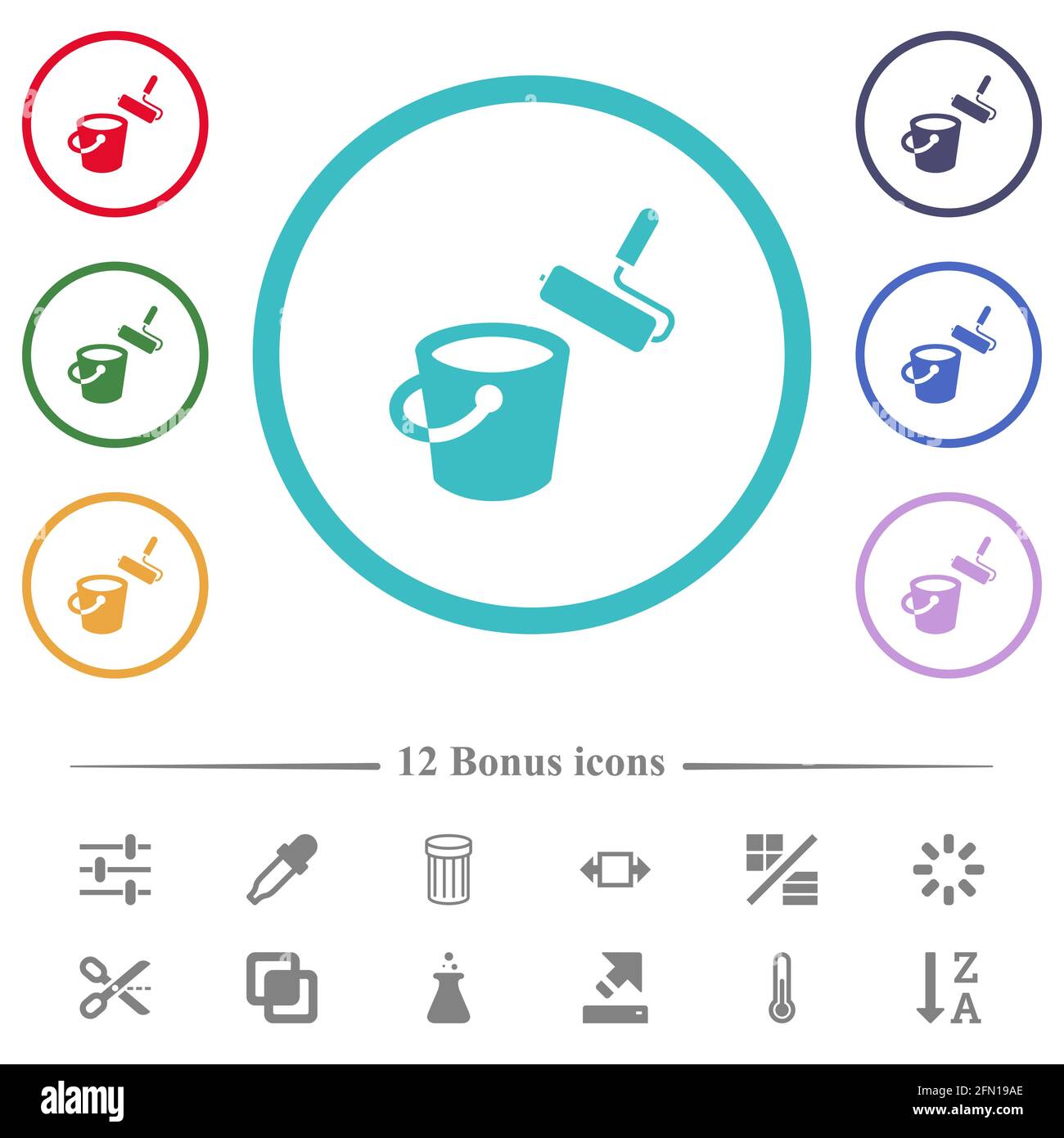 Paint bucket and paint roller flat color icons in circle shape outlines ...