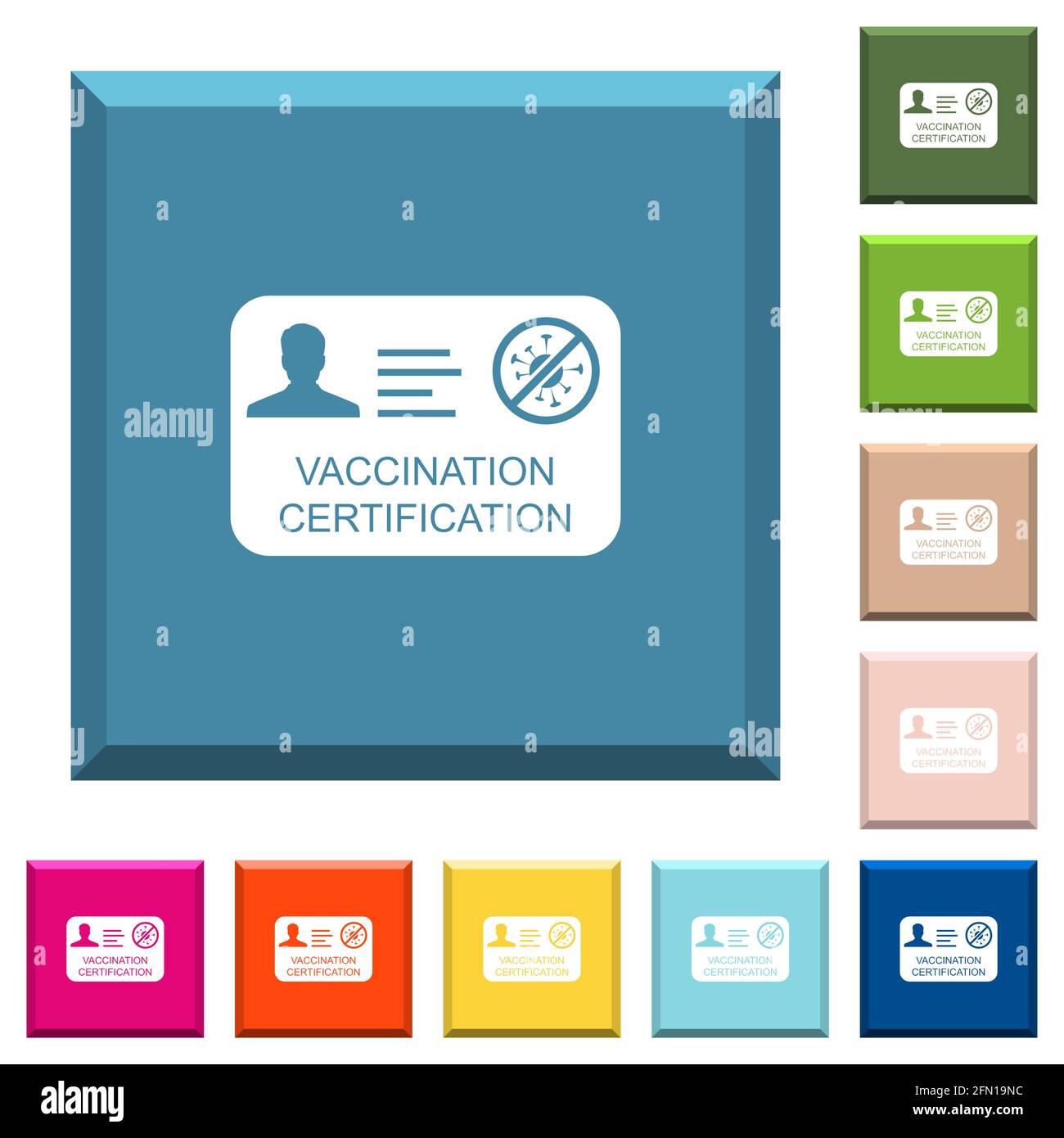 Vaccination certification white icons on edged square buttons in ...