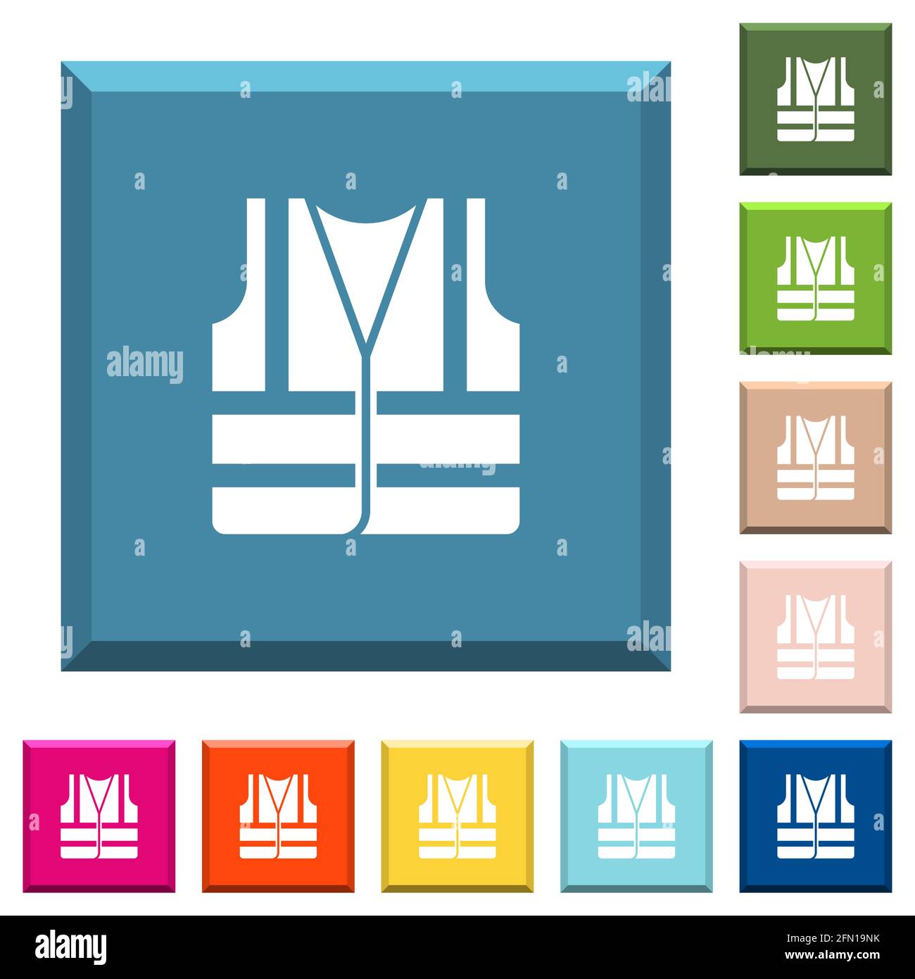 High visibility safety vest white icons on edged square buttons in various trendy colors Stock
