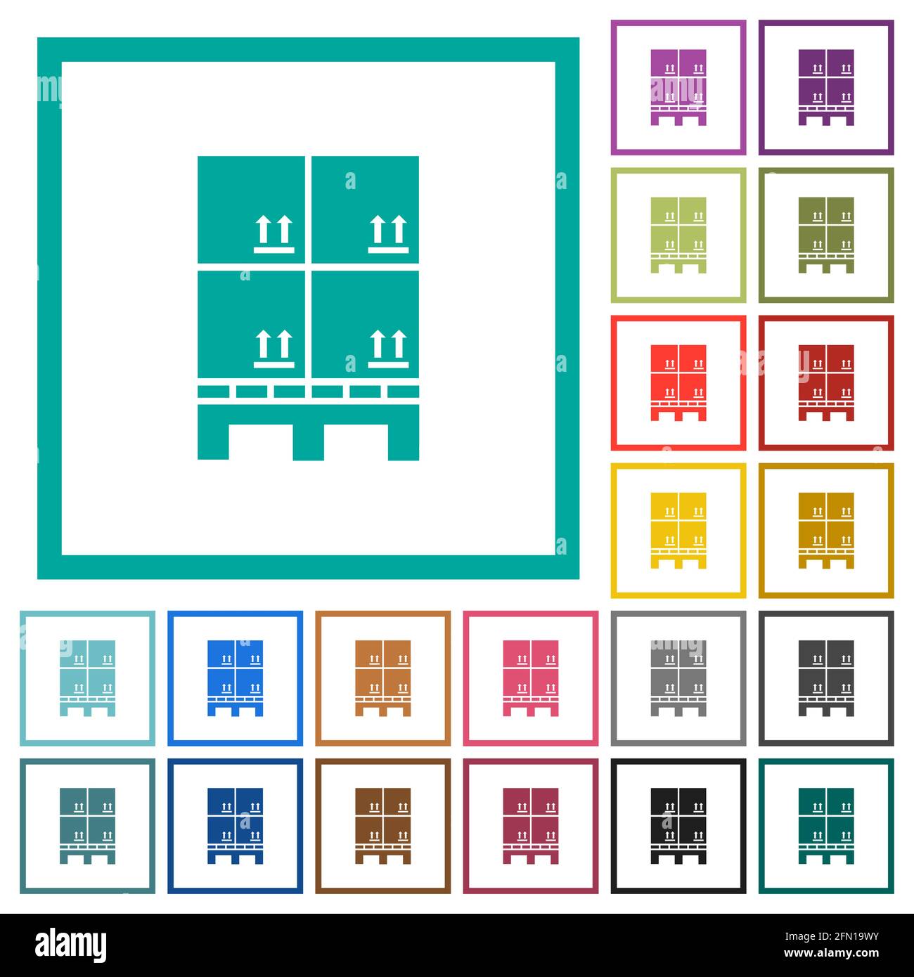Pallet with boxes flat color icons with quadrant frames on white ...