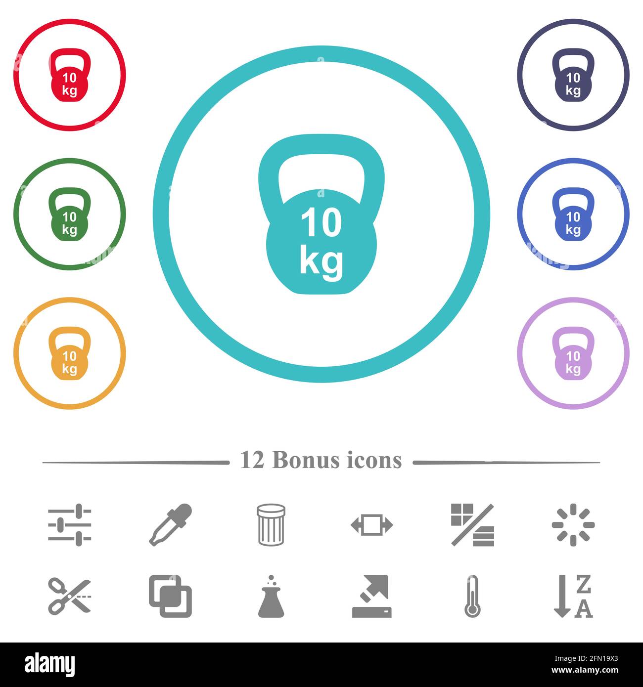 Kettlebel 10 Kg flat color icons in circle shape outlines. 12 bonus icons included. Stock Vector