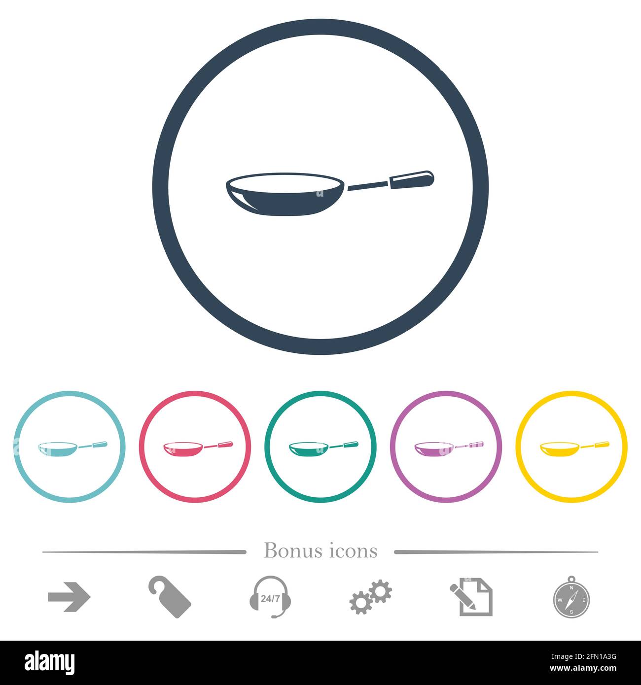 Glossy frying pan flat color icons in round outlines. 6 bonus icons ...