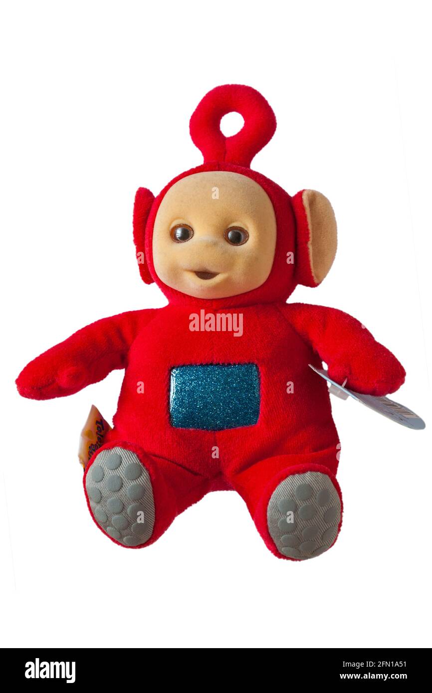 Well loved cuddly Po teletubby doll isolated on white background Stock Photo